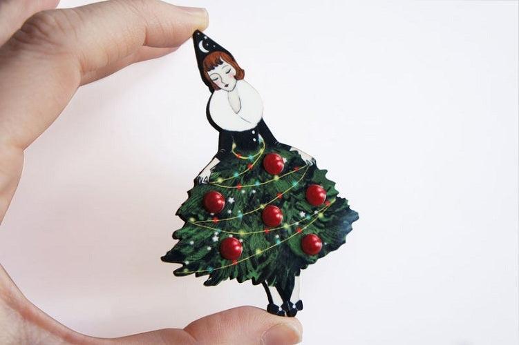 Girl with Christmas Tree Dress Brooch by Laliblue