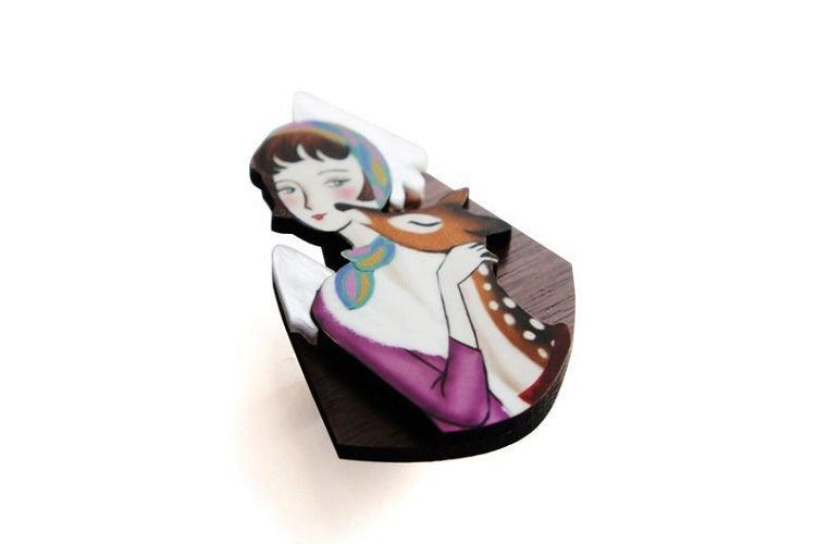 Girl with Deer and Mountains Brooch by Laliblue