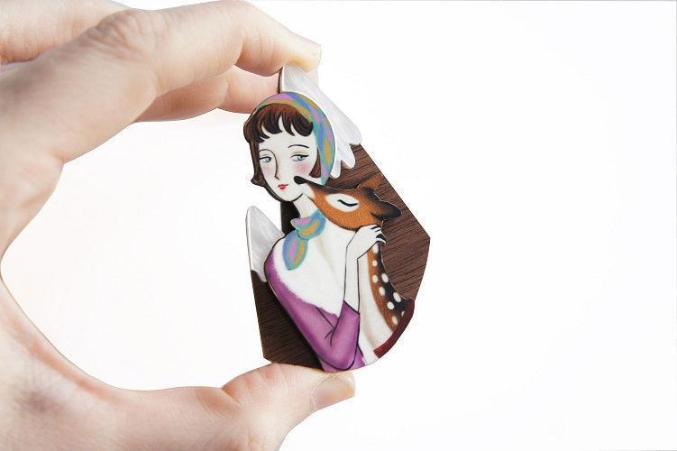 Girl with Deer and Mountains Brooch by Laliblue