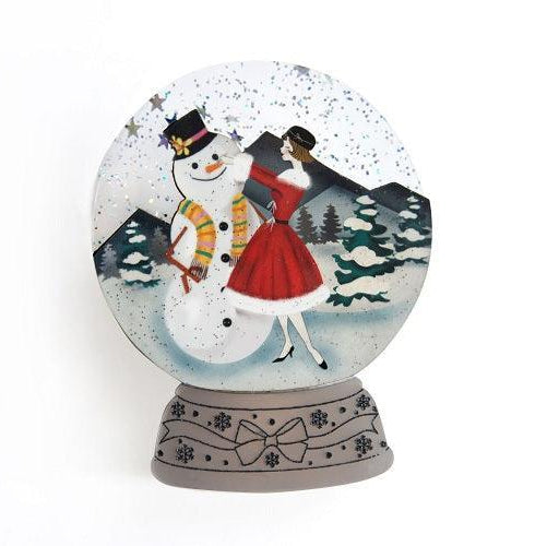 Girl with Snowman Snow Globe Brooch by Laliblue