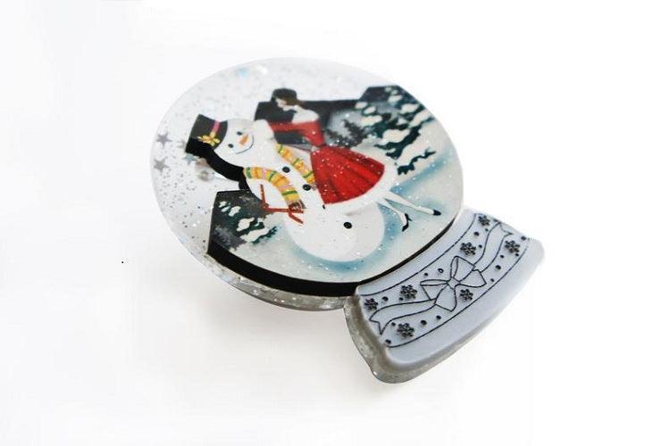 Girl with Snowman Snow Globe Brooch by Laliblue