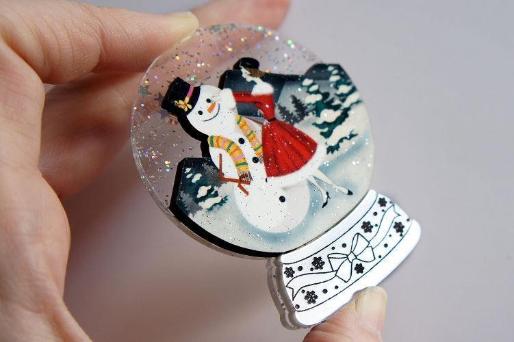 Girl with Snowman Snow Globe Brooch by Laliblue