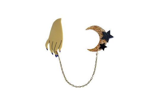 Hand and Moon Double brooch by Laliblue