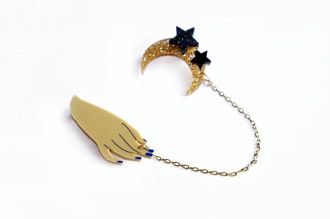 Hand and Moon Double brooch by Laliblue