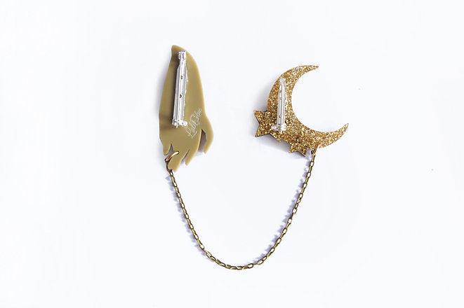 Hand and Moon Double brooch by Laliblue