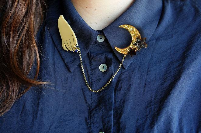 Hand and Moon Double brooch by Laliblue
