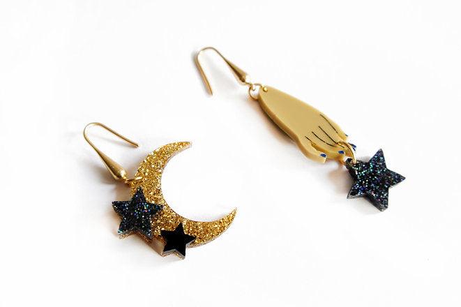 Hand and Moon Earrings by Laliblue
