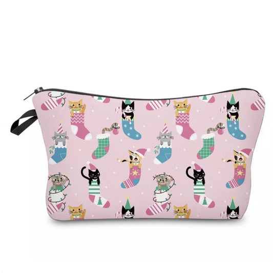 Pouch - Holiday Christmas -  Cats in Stockings Pink