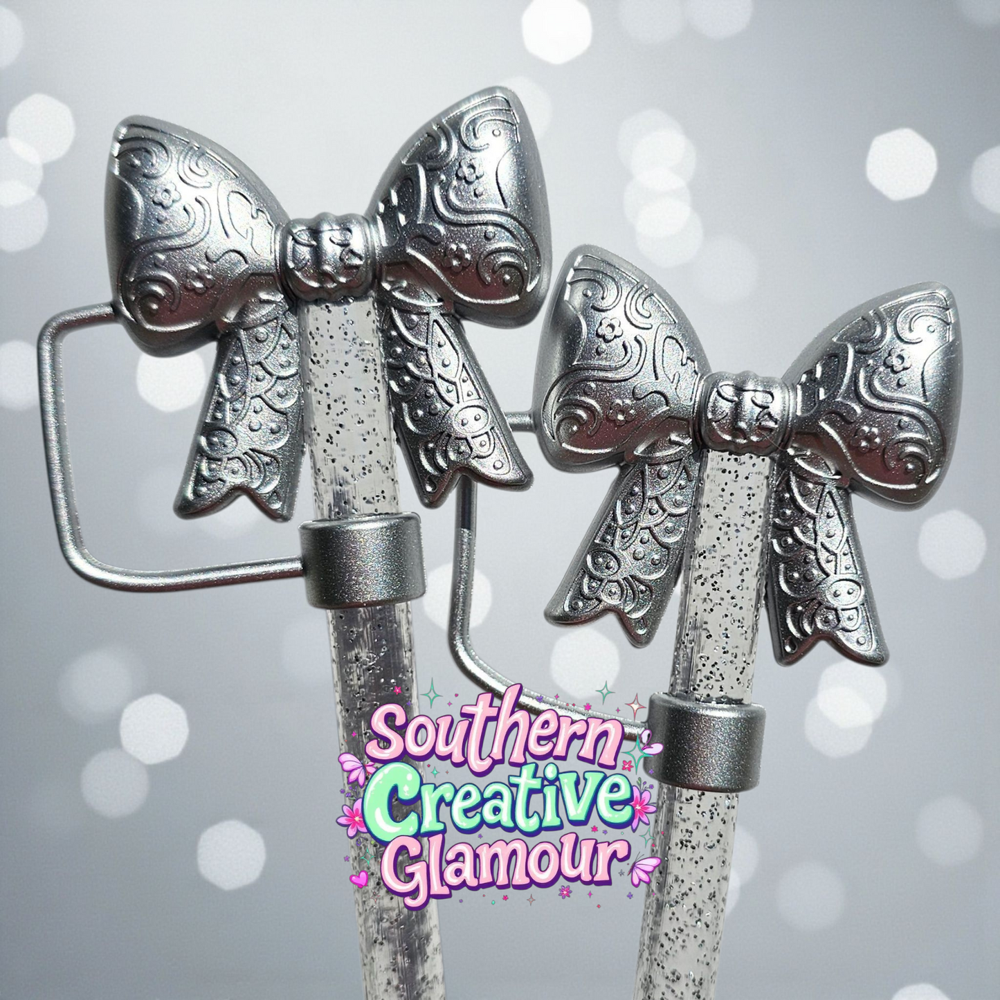 Paisley Princess 3D Bow Silicone 10mm Straw Topper | Silver Shimmer