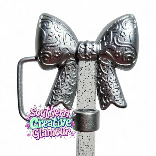 Paisley Princess 3D Bow Silicone 10mm Straw Topper | Silver Shimmer