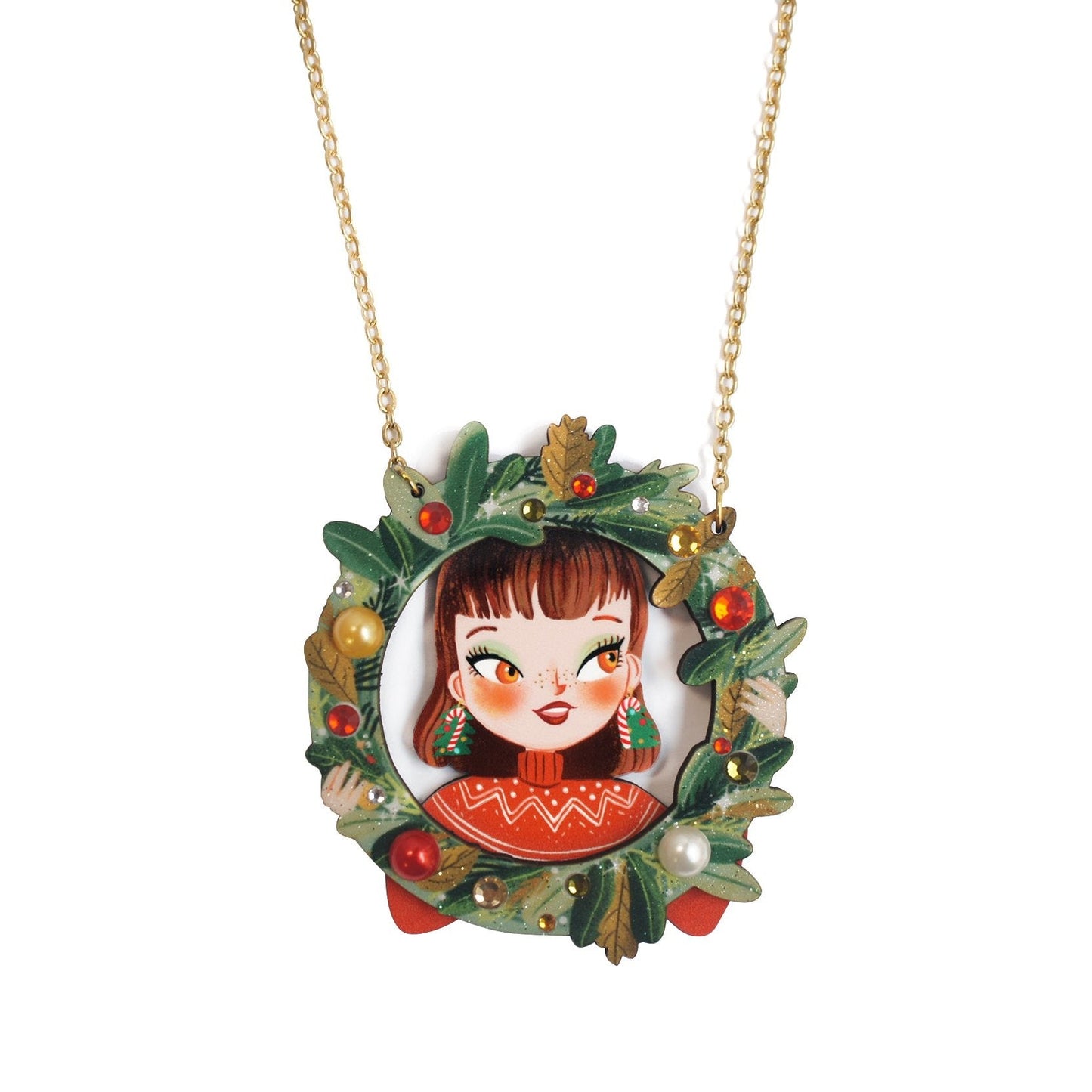 Girl w/ Christmas Wreath Necklace by Laliblue – Retro Statement Necklace Vintage Inspired