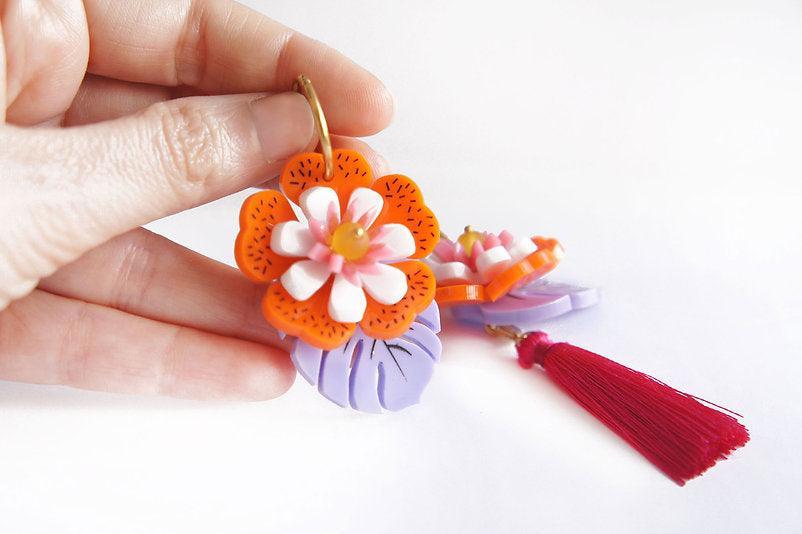 Orange Tropical Flower Earrings by Laliblue