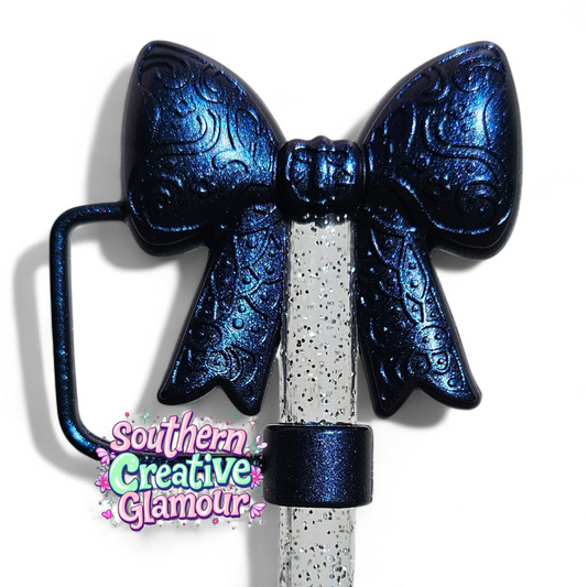 Paisley Princess 3D Bow Silicone 10mm Straw Topper | Metallic Blue Shimmer
