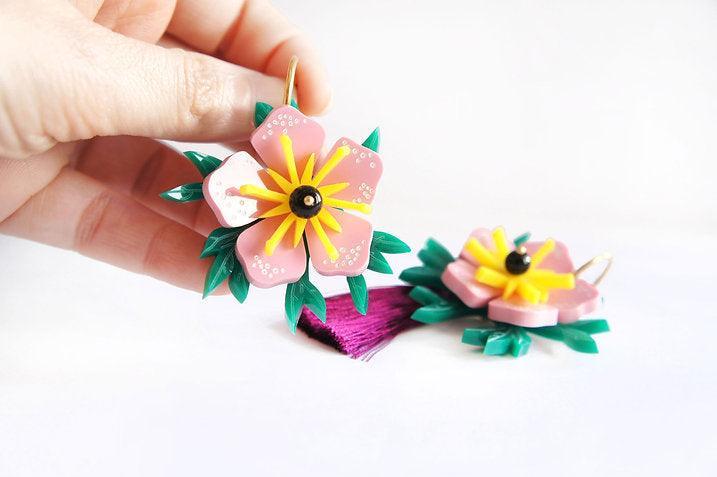 Pink Tropical Flower Earrings by Laliblue
