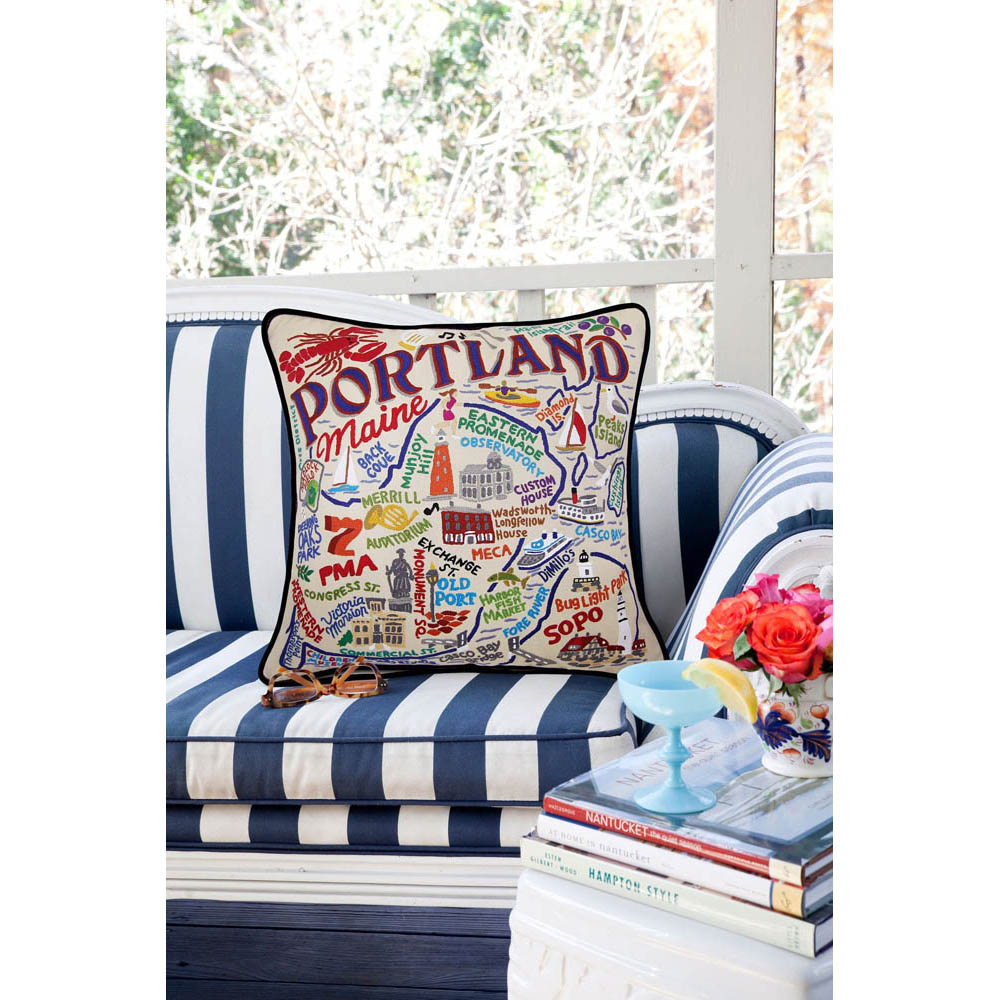 Portland, ME Hand-Embroidered Pillow by CatStudio