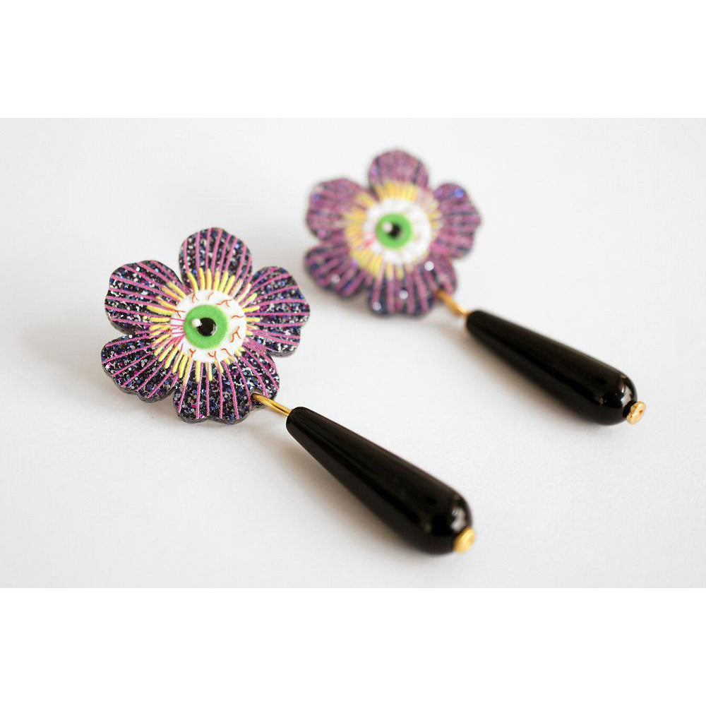Purple Flower Earrings With Eyes by Laliblue