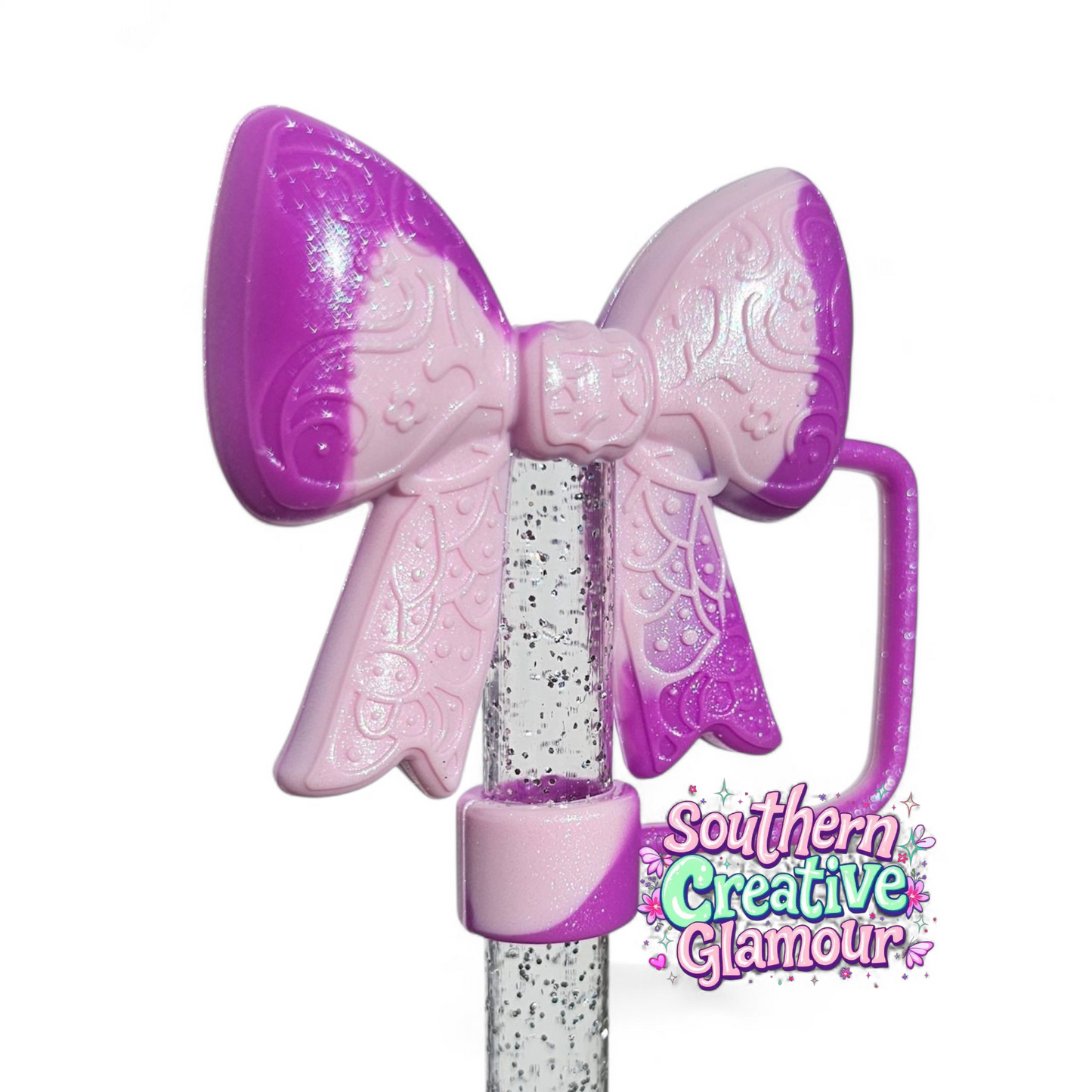 Purple Paisley Princess 3D Bow Silicone 10mm Straw Topper | Purple Shimmer