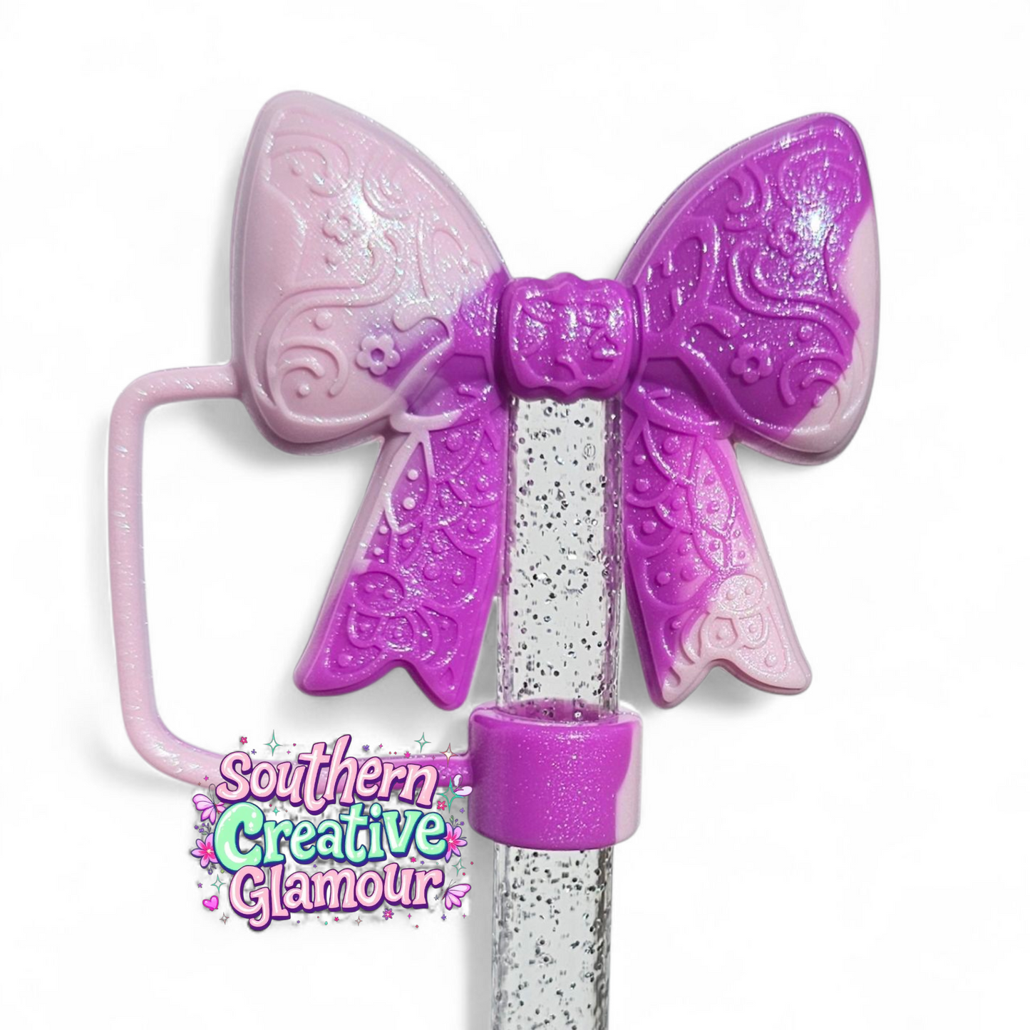 Purple Paisley Princess 3D Bow Silicone 10mm Straw Topper | Purple Shimmer