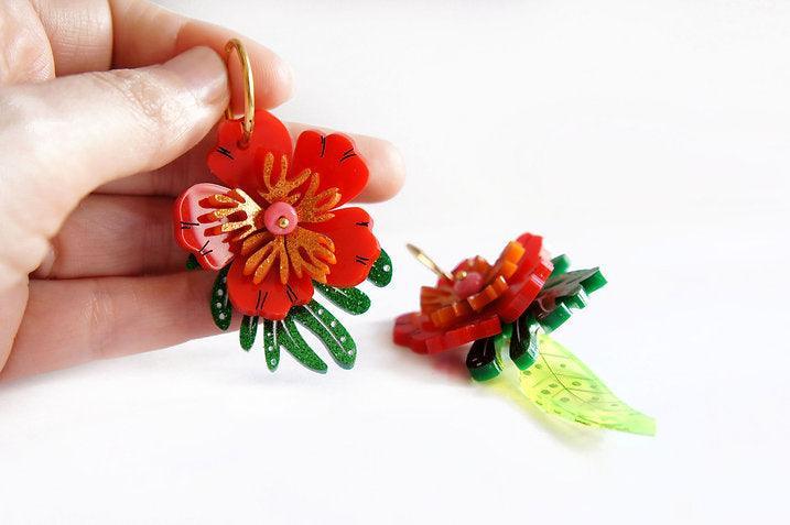 Red Tropical Flower Earrings by Laliblue