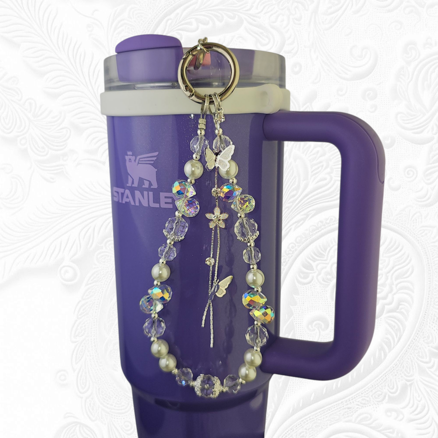 Deluxe Butterfly Beaded Tumbler Charm Necklace  - White