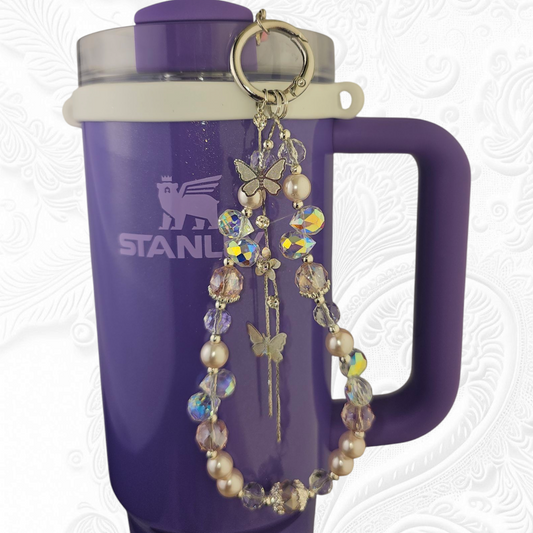 Deluxe Butterfly Beaded Tumbler Charm Necklace  - Pink