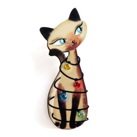 Siamese Cat with Christmas Lights Brooch by Laliblue
