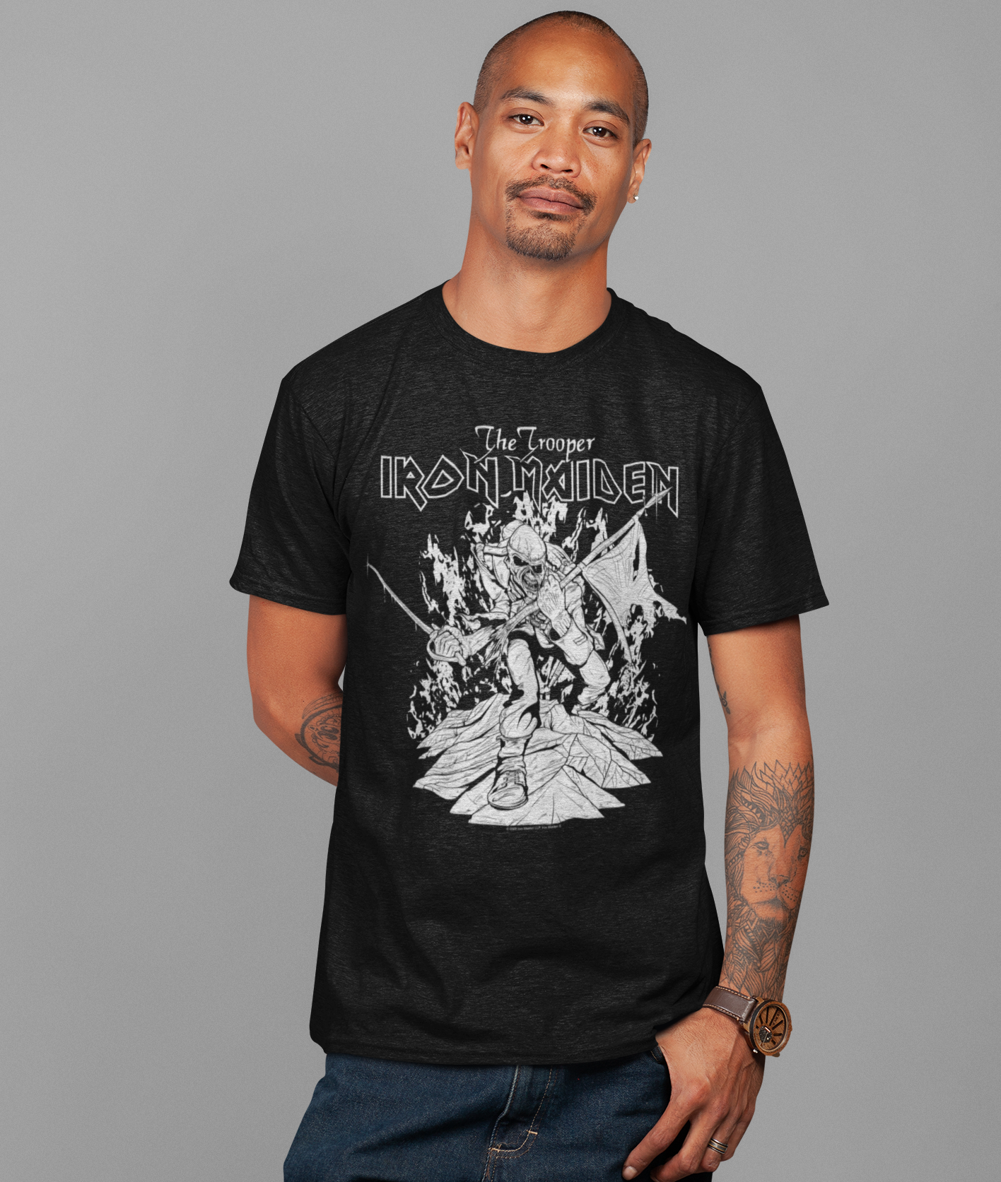 Stakes Iron Maiden - Trooper Black and White Jumbo Print T-Shirt [Apparel]