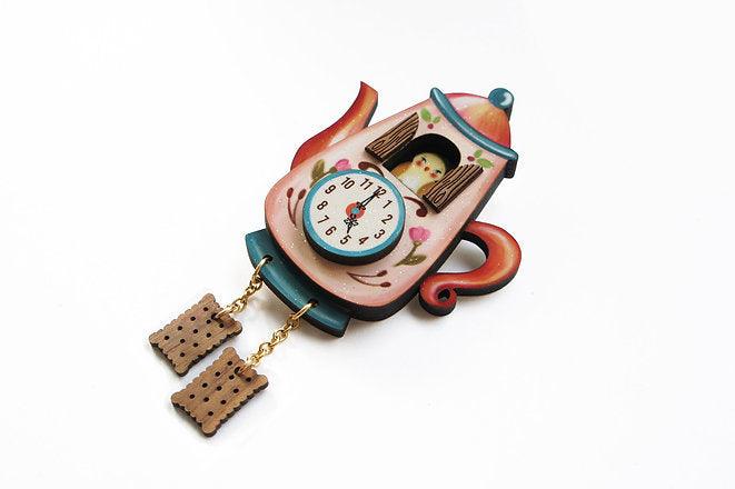 Teapot Clock Brooch by Laliblue